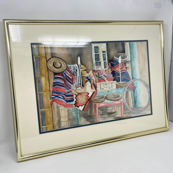 Vintage Framed Art Southwest Navajo Blanket Watercolor Painting Signed Pat Kelly - Picture 2 of 10